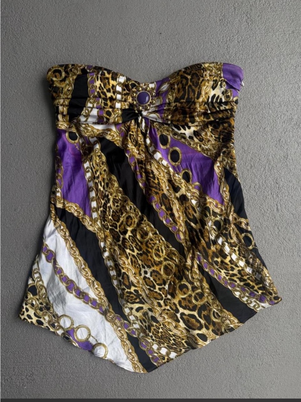 Cache Silk Purple and Gold Strapless top.